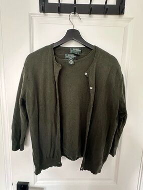 Lauren Ralph Lauren Olive Green 100% Cashmere Cardigan Set